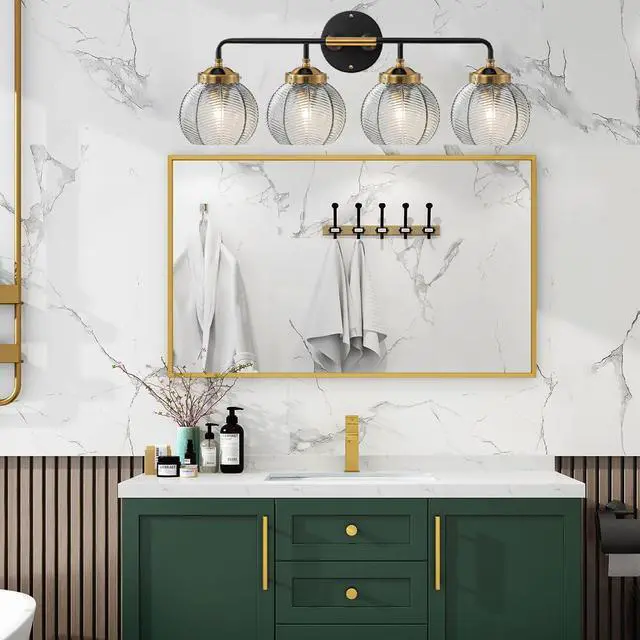 Alt view image 5 of 7 - 4-Light Bathroom Vanity Light Black Wall Light Sconces with Smoky Gray Glass Shade Mid Century Bathroom Wall Lights Fixtures Modern Vanity Lamp for Over Mirror Living Room Cabinet
