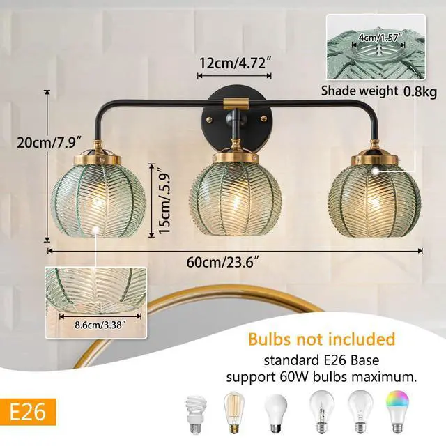 Alt view image 3 of 7 - Thick Glass 3-Light Bathroom Vanity Lights Vintage Farmhouse Sconce | Ribbed Smoky Gray Globe Lamp Shade Mid Century Black Gold Bathroom Vanity Lights Fixtures art deco Dining Room above mirror