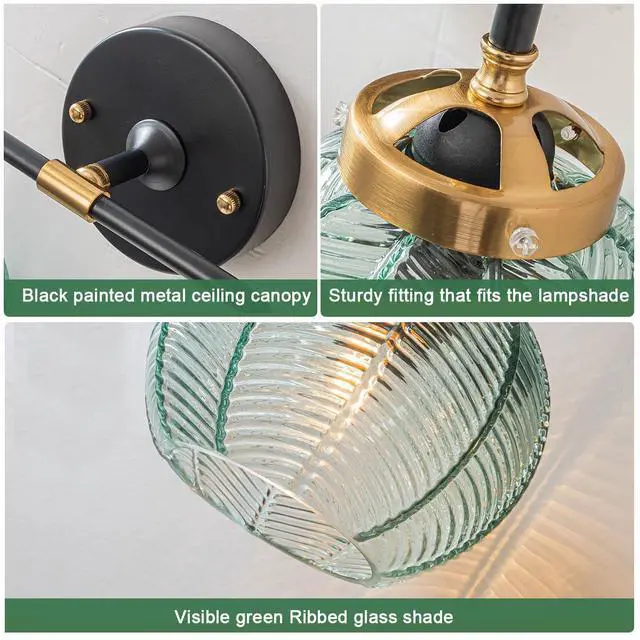 Alt view image 4 of 7 - Thick Glass 3-Light Bathroom Vanity Lights Vintage Farmhouse Sconce | Ribbed Smoky Gray Globe Lamp Shade Mid Century Black Gold Bathroom Vanity Lights Fixtures art deco Dining Room above mirror