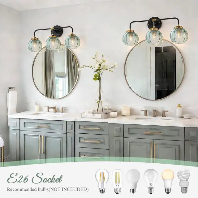 Alt view image 7 of 7 - Thick Glass 3-Light Bathroom Vanity Lights Vintage Farmhouse Sconce | Ribbed Smoky Gray Globe Lamp Shade Mid Century Black Gold Bathroom Vanity Lights Fixtures art deco Dining Room above mirror