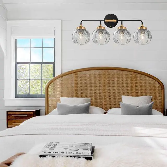 Alt view image 7 of 7 - 4-Light Bathroom Vanity Light Black Wall Light Sconces with Smoky Gray Glass Shade Mid Century Bathroom Wall Lights Fixtures Modern Vanity Lamp for Over Mirror Living Room Cabinet