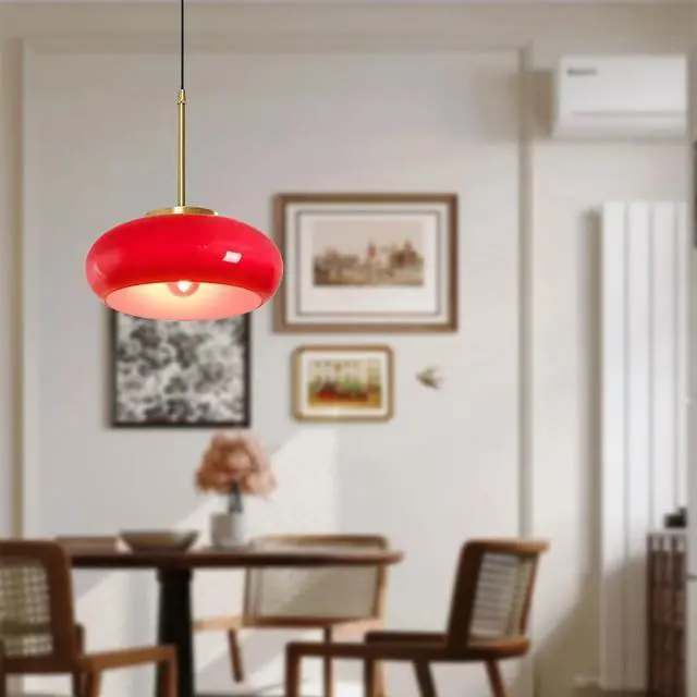 Alt view image 4 of 7 - Red Hanging Lamp Milk Glass Pendant Light Gold Plug in Pendant Light Glass Globe Swag Lights with 14.7 ft Cord On/Off Switch Mid Century Modern Pendant Lights for Kitchen Dining Room