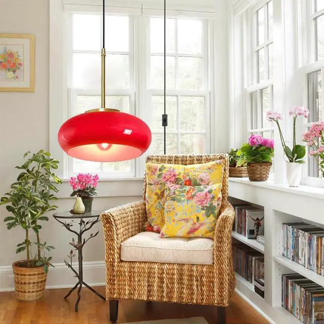 Alt view image 5 of 7 - Red Hanging Lamp Milk Glass Pendant Light Gold Plug in Pendant Light Glass Globe Swag Lights with 14.7 ft Cord On/Off Switch Mid Century Modern Pendant Lights for Kitchen Dining Room