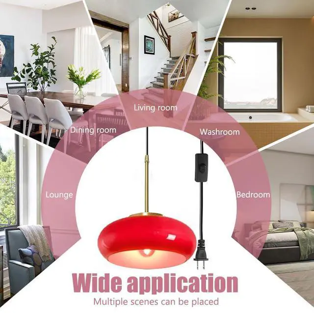 Alt view image 7 of 7 - Red Hanging Lamp Milk Glass Pendant Light Gold Plug in Pendant Light Glass Globe Swag Lights with 14.7 ft Cord On/Off Switch Mid Century Modern Pendant Lights for Kitchen Dining Room
