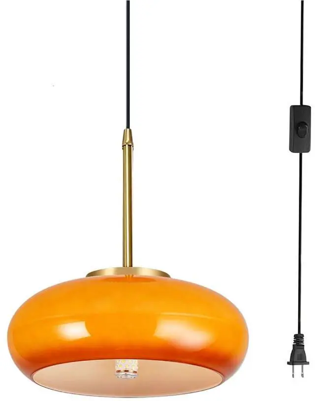 Main image of Glass Hanging Lamp Milk Orange Pendant Light Gold Plug in Glass Globe Pendant Light Swag Lights with 14.7 ft Cord On/Off Switch mid Century Modern Hanging Light Kitchen Bedroom (Orange)