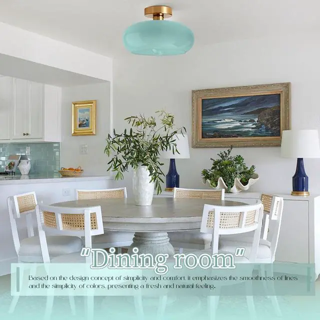 Alt view image 6 of 7 - Blue Ceiling Light 1-Lamp Glass Flush Mount Ceiling Light Fixtures Milk Glass Shade Mid Century Flush Mount Lights Gold Brass Copper Close to Lighting for Hallway Entrance
