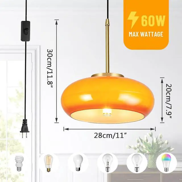 Alt view image 2 of 7 - Glass Hanging Lamp Milk Orange Pendant Light Gold Plug in Glass Globe Pendant Light Swag Lights with 14.7 ft Cord On/Off Switch mid Century Modern Hanging Light Kitchen Bedroom (Orange)