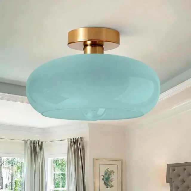 Alt view image 7 of 7 - Blue Ceiling Light 1-Lamp Glass Flush Mount Ceiling Light Fixtures Milk Glass Shade Mid Century Flush Mount Lights Gold Brass Copper Close to Lighting for Hallway Entrance