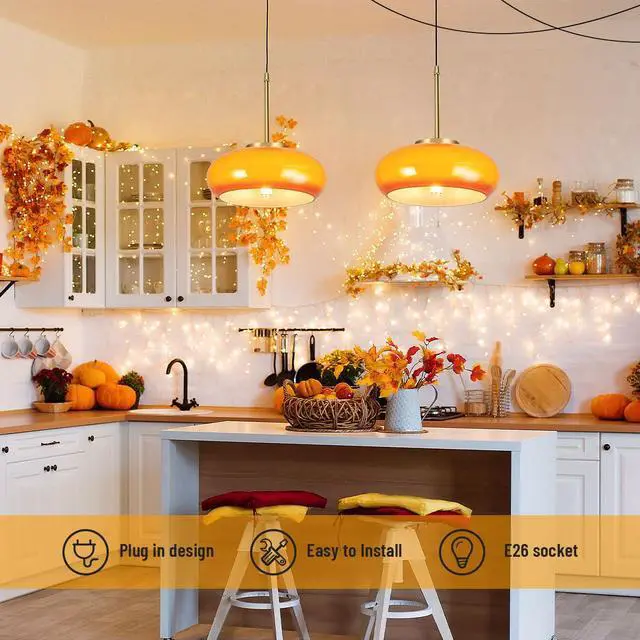 Alt view image 5 of 7 - Glass Hanging Lamp Milk Orange Pendant Light Gold Plug in Glass Globe Pendant Light Swag Lights with 14.7 ft Cord On/Off Switch mid Century Modern Hanging Light Kitchen Bedroom (Orange)