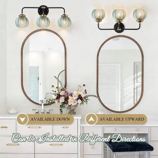 Alt view image 5 of 7 - Thick Glass 3-Light Bathroom Vanity Lights Vintage Farmhouse Sconce | Ribbed Smoky Gray Globe Lamp Shade Mid Century Black Gold Bathroom Vanity Lights Fixtures art deco Dining Room above mirror