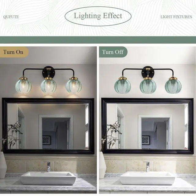 Alt view image 6 of 7 - Thick Glass 3-Light Bathroom Vanity Lights Vintage Farmhouse Sconce | Ribbed Smoky Gray Globe Lamp Shade Mid Century Black Gold Bathroom Vanity Lights Fixtures art deco Dining Room above mirror