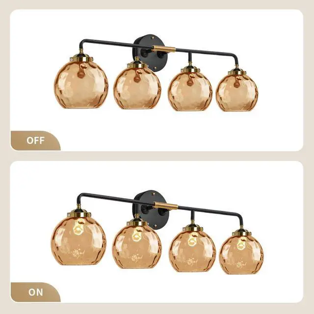 Alt view image 3 of 7 - 4-Lights Vanity Light Amber Modern Bathroom Light Fixtures Glass Globe Shade Black Gold Bathroom Wall Sconce Over Mirror Vanity Lighting Fixture for Hallway Cabinet Living Room