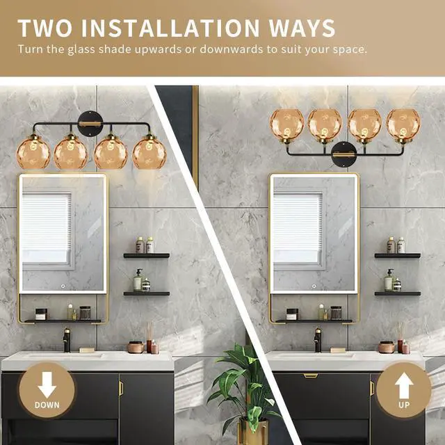 Alt view image 4 of 7 - 4-Lights Vanity Light Amber Modern Bathroom Light Fixtures Glass Globe Shade Black Gold Bathroom Wall Sconce Over Mirror Vanity Lighting Fixture for Hallway Cabinet Living Room