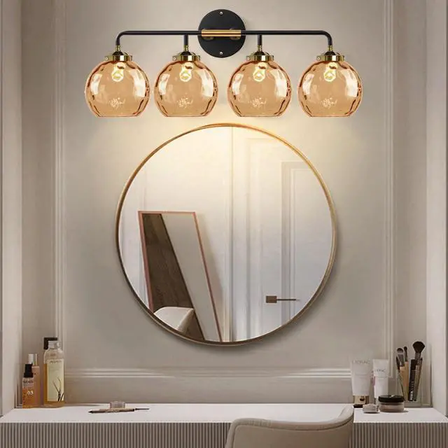 Alt view image 5 of 7 - 4-Lights Vanity Light Amber Modern Bathroom Light Fixtures Glass Globe Shade Black Gold Bathroom Wall Sconce Over Mirror Vanity Lighting Fixture for Hallway Cabinet Living Room