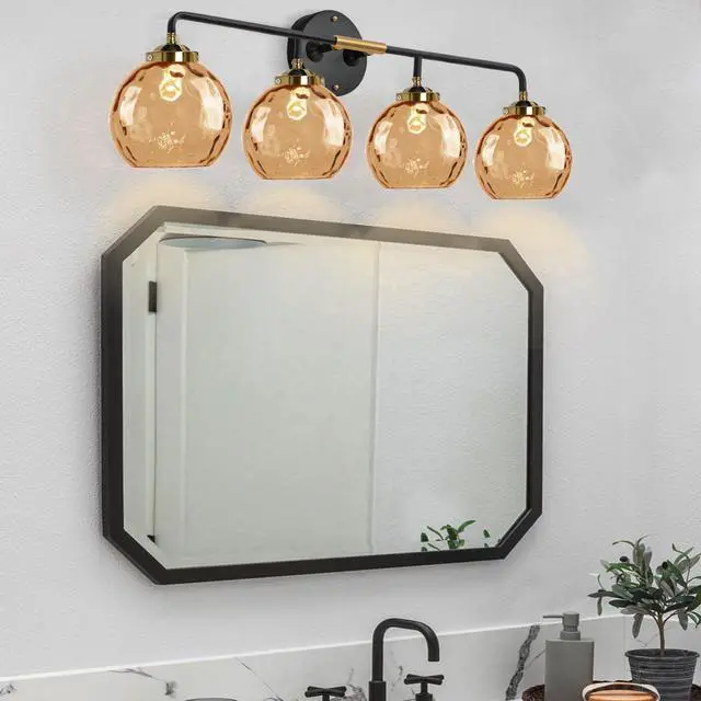 Alt view image 6 of 7 - 4-Lights Vanity Light Amber Modern Bathroom Light Fixtures Glass Globe Shade Black Gold Bathroom Wall Sconce Over Mirror Vanity Lighting Fixture for Hallway Cabinet Living Room