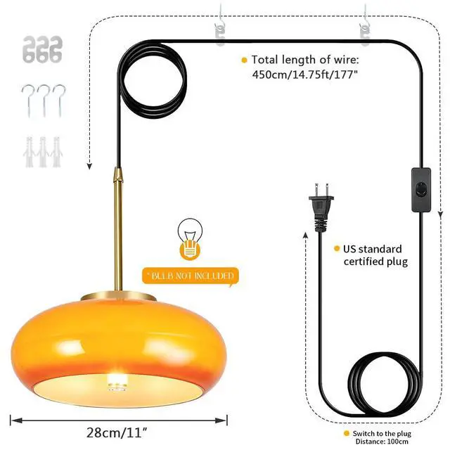Alt view image 7 of 7 - Glass Hanging Lamp Milk Orange Pendant Light Gold Plug in Glass Globe Pendant Light Swag Lights with 14.7 ft Cord On/Off Switch mid Century Modern Hanging Light Kitchen Bedroom (Orange)