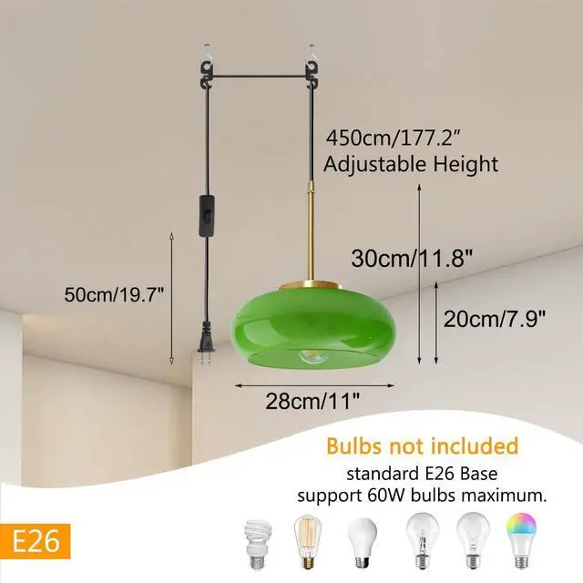 Alt view image 2 of 7 - Glass Hanging Lamp Plug in Pendant Light Fixture Milk Green Shade Glass Globe Pendant Light Fixtures Gold Swag Lights with 14.7 ft Cord On/Off Switch mid Century Modern Hanging lamp