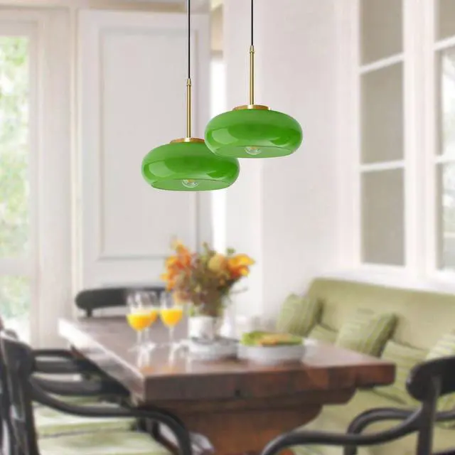 Alt view image 5 of 7 - Glass Hanging Lamp Plug in Pendant Light Fixture Milk Green Shade Glass Globe Pendant Light Fixtures Gold Swag Lights with 14.7 ft Cord On/Off Switch mid Century Modern Hanging lamp