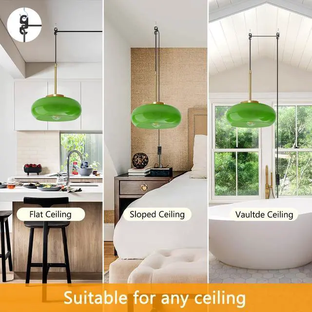 Alt view image 4 of 7 - Glass Hanging Lamp Plug in Pendant Light Fixture Milk Green Shade Glass Globe Pendant Light Fixtures Gold Swag Lights with 14.7 ft Cord On/Off Switch mid Century Modern Hanging lamp