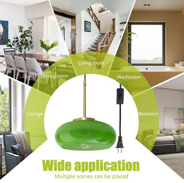 Alt view image 7 of 7 - Glass Hanging Lamp Plug in Pendant Light Fixture Milk Green Shade Glass Globe Pendant Light Fixtures Gold Swag Lights with 14.7 ft Cord On/Off Switch mid Century Modern Hanging lamp