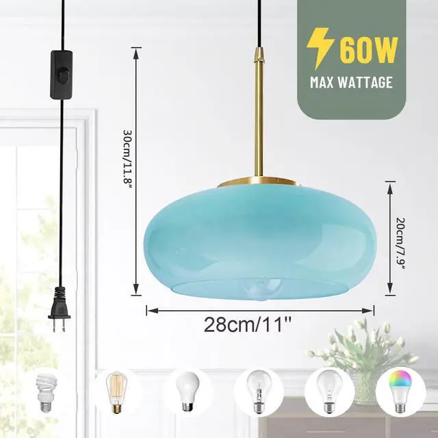 Alt view image 2 of 7 - Glass Plug in Hanging Light Modern Vintage Pendant Lamp Milk Blue Glass Shade 1-Light Plug in Pendant Lights with 14.7 ft Cord Mid Century Swag Pendant Lighting for Kitchen Sink Corner