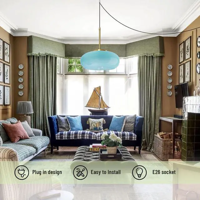 Alt view image 5 of 7 - Glass Plug in Hanging Light Modern Vintage Pendant Lamp Milk Blue Glass Shade 1-Light Plug in Pendant Lights with 14.7 ft Cord Mid Century Swag Pendant Lighting for Kitchen Sink Corner