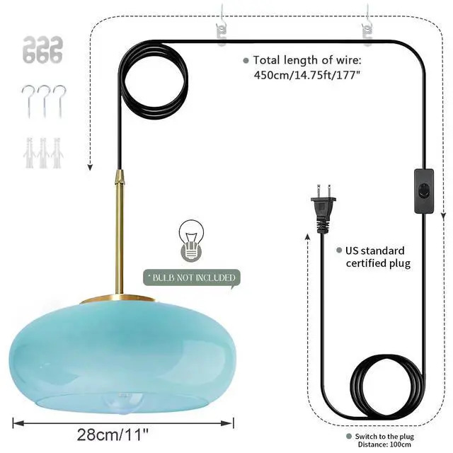 Alt view image 7 of 7 - Glass Plug in Hanging Light Modern Vintage Pendant Lamp Milk Blue Glass Shade 1-Light Plug in Pendant Lights with 14.7 ft Cord Mid Century Swag Pendant Lighting for Kitchen Sink Corner