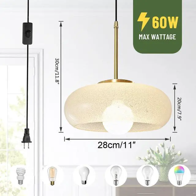 Alt view image 2 of 7 - Large Glass Hanging Lamp Gold Plug in Pendant Light Mid Century Globe Light Fixture Clear Glass Crystal Shade Plug in Modern Ceiling Light Swag Lamp Plug in Cord for Bedroom Living Room