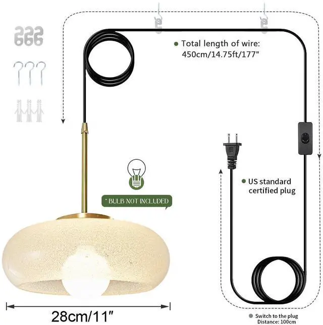 Alt view image 3 of 7 - Large Glass Hanging Lamp Gold Plug in Pendant Light Mid Century Globe Light Fixture Clear Glass Crystal Shade Plug in Modern Ceiling Light Swag Lamp Plug in Cord for Bedroom Living Room