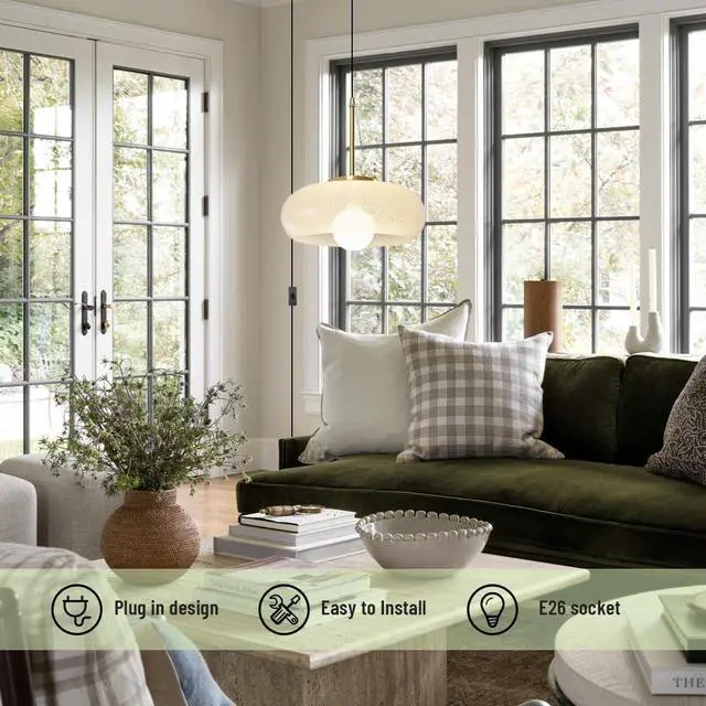 Alt view image 4 of 7 - Large Glass Hanging Lamp Gold Plug in Pendant Light Mid Century Globe Light Fixture Clear Glass Crystal Shade Plug in Modern Ceiling Light Swag Lamp Plug in Cord for Bedroom Living Room
