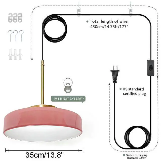 Alt view image 2 of 7 - Pink Mid Century Pendant Light with 177.2" Cord Flush Mount Lamp | Plug in Glass Pendant Light Swag Lights Adjustable 14.7 ft Cord On/Off Switch, E26 Base,Girls Bedroom,Apartment,Dining room