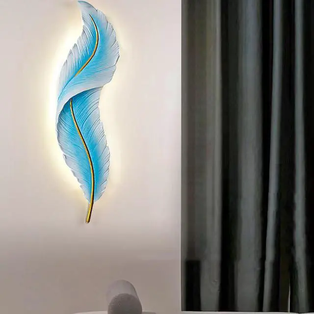 Alt view image 6 of 7 - Blue Feather Wall Light Sconce LED Feather Wall Lighting Deco with Creative Unique Resin Feather Design Modern Elegant Wall Sconce Lights for Bedroom Living Room Hallway Foyer