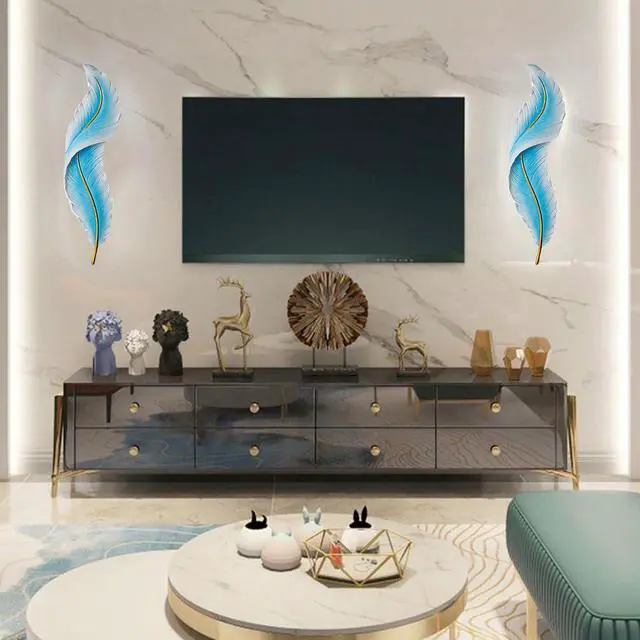 Alt view image 7 of 7 - Blue Feather Wall Light Sconce LED Feather Wall Lighting Deco with Creative Unique Resin Feather Design Modern Elegant Wall Sconce Lights for Bedroom Living Room Hallway Foyer