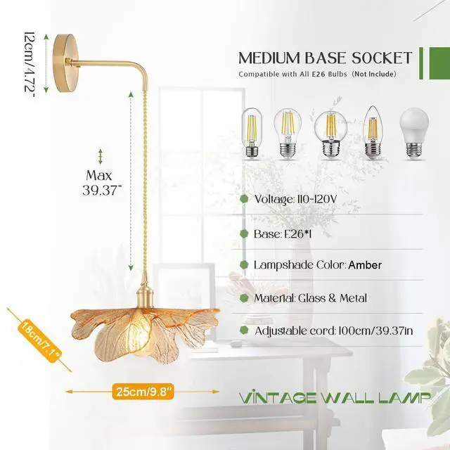 Alt view image 2 of 7 - Vintage Modern Wall Sconces Amber Flower Glass Lampshade Adjustable Brass Sconce Hradwired Wall Lighting Fixture Antique Gold Bathroom Vanity Lights Hanging Sconces Light Fixtures