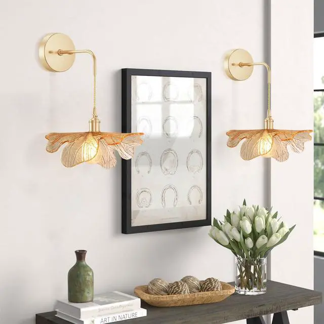 Alt view image 4 of 7 - Vintage Modern Wall Sconces Amber Flower Glass Lampshade Adjustable Brass Sconce Hradwired Wall Lighting Fixture Antique Gold Bathroom Vanity Lights Hanging Sconces Light Fixtures