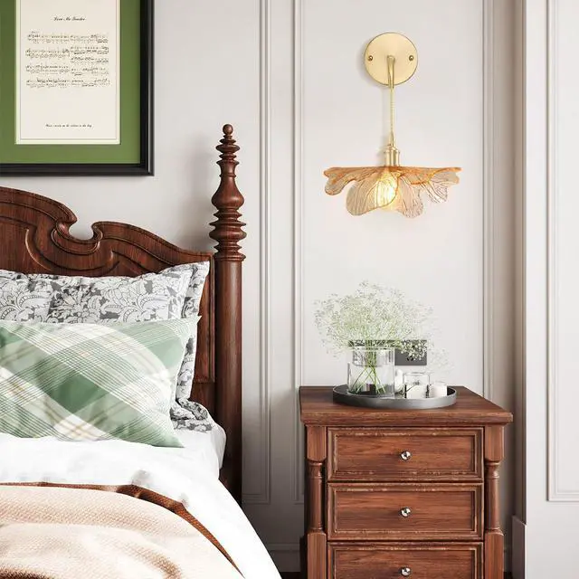 Alt view image 5 of 7 - Vintage Modern Wall Sconces Amber Flower Glass Lampshade Adjustable Brass Sconce Hradwired Wall Lighting Fixture Antique Gold Bathroom Vanity Lights Hanging Sconces Light Fixtures