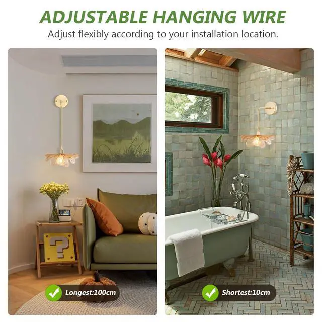 Alt view image 6 of 7 - Vintage Modern Wall Sconces Amber Flower Glass Lampshade Adjustable Brass Sconce Hradwired Wall Lighting Fixture Antique Gold Bathroom Vanity Lights Hanging Sconces Light Fixtures