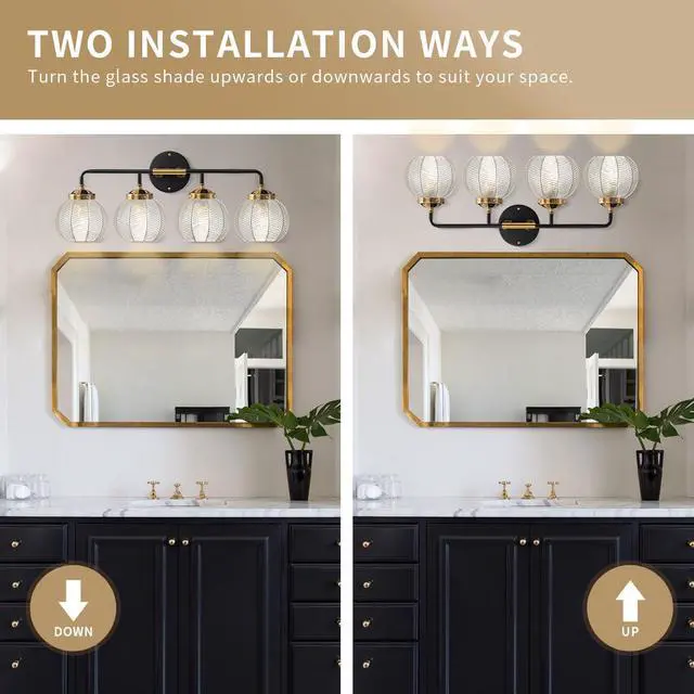 Alt view image 5 of 7 - 4-Light Black Gold Bathroom Light Fixture Vanity Light Sconces Wall Decor Set of 2 with Clear Glass Ribbed Globe Shade Bathroom Vanity Lights Above Mirror for Powder Room Farmhouse