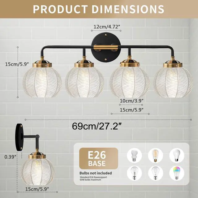 Alt view image 2 of 7 - 4-Light Black Gold Bathroom Light Fixture Vanity Light Sconces Wall Decor Set of 2 with Clear Glass Ribbed Globe Shade Bathroom Vanity Lights Above Mirror for Powder Room Farmhouse