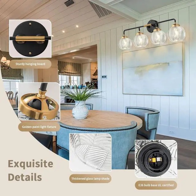 Alt view image 4 of 7 - 4-Light Black Gold Bathroom Light Fixture Vanity Light Sconces Wall Decor Set of 2 with Clear Glass Ribbed Globe Shade Bathroom Vanity Lights Above Mirror for Powder Room Farmhouse