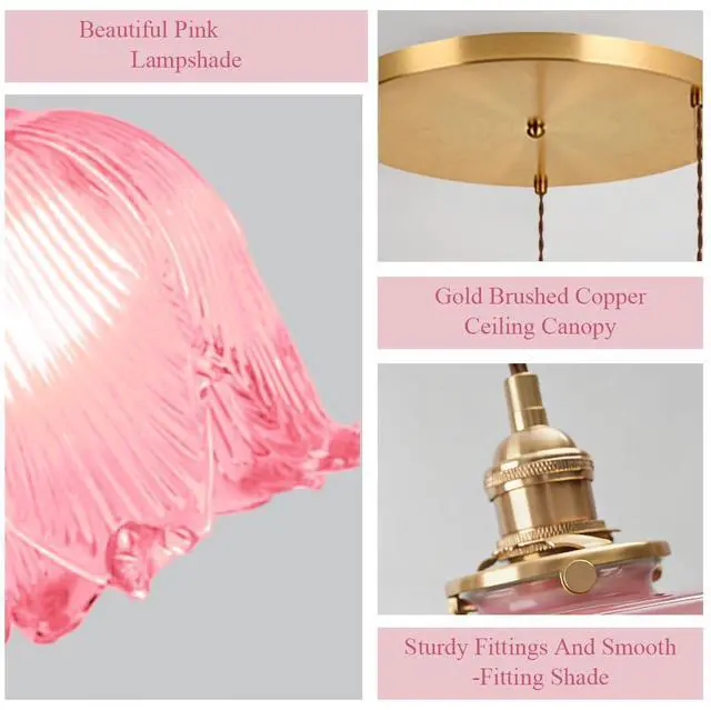 Alt view image 3 of 7 - Pink Flower Pendant Light Fixtures Mid-Century Modern Cluster Chandelier, 5.9Inch Flower Glass Shade Brushed Gold Brass Finis Adjustable Cord Chandelier for Dining Room Stair Kitchen