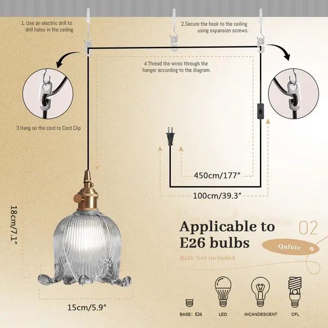 Alt view image 2 of 7 - Modern Plug in Hanging Light Flower Shaped Smoky Gray Pendant Lamp with Adjustable 15FT Cord and Switch Cord Gold Brass Finish, Vintage Plug in Hanging Lamp for Kitchen Bedroom Foyer
