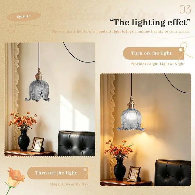 Alt view image 3 of 7 - Modern Plug in Hanging Light Flower Shaped Smoky Gray Pendant Lamp with Adjustable 15FT Cord and Switch Cord Gold Brass Finish, Vintage Plug in Hanging Lamp for Kitchen Bedroom Foyer