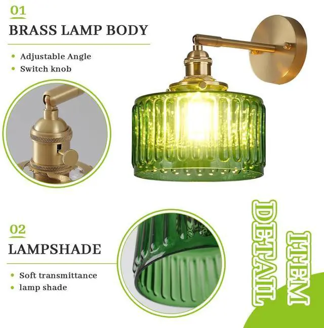 Alt view image 3 of 7 - Brushed Gold Bathroom Light Fixtures Vintage Vanity Lights Green Striped Glass Sconce Wall Light 90 Degree Adjustable Sconces Vanity Wall Lamps for Mirror Bedroom Living Room Hallway