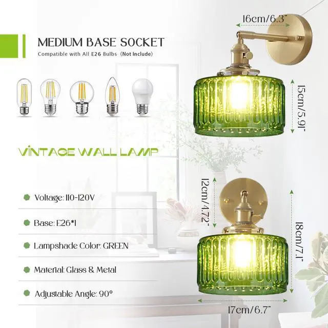 Alt view image 2 of 7 - Brushed Gold Bathroom Light Fixtures Vintage Vanity Lights Green Striped Glass Sconce Wall Light 90 Degree Adjustable Sconces Vanity Wall Lamps for Mirror Bedroom Living Room Hallway