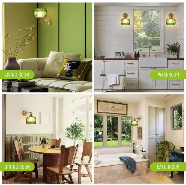 Alt view image 6 of 7 - Brushed Gold Bathroom Light Fixtures Vintage Vanity Lights Green Striped Glass Sconce Wall Light 90 Degree Adjustable Sconces Vanity Wall Lamps for Mirror Bedroom Living Room Hallway