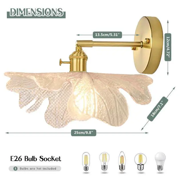 Alt view image 2 of 7 - Brass Vanity Light Brushed Gold Bathroom Light Fixtures - Clear Flower Glass Shade, Modern Hardwired Wall Sconce Retro Vanity Lighting for Over Mirror Bedroom Doorway Foyer Hallway