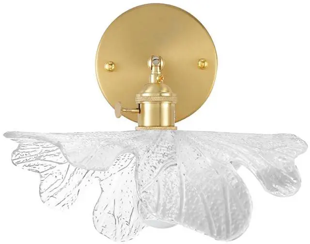 Main image of Brass Vanity Light Brushed Gold Bathroom Light Fixtures - Clear Flower Glass Shade, Modern Hardwired Wall Sconce Retro Vanity Lighting for Over Mirror Bedroom Doorway Foyer Hallway