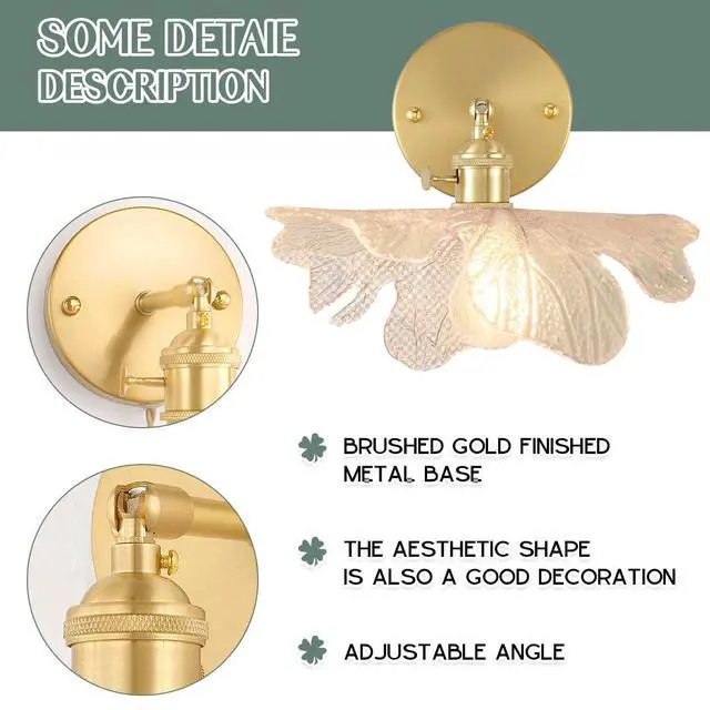 Alt view image 3 of 7 - Brass Vanity Light Brushed Gold Bathroom Light Fixtures - Clear Flower Glass Shade, Modern Hardwired Wall Sconce Retro Vanity Lighting for Over Mirror Bedroom Doorway Foyer Hallway
