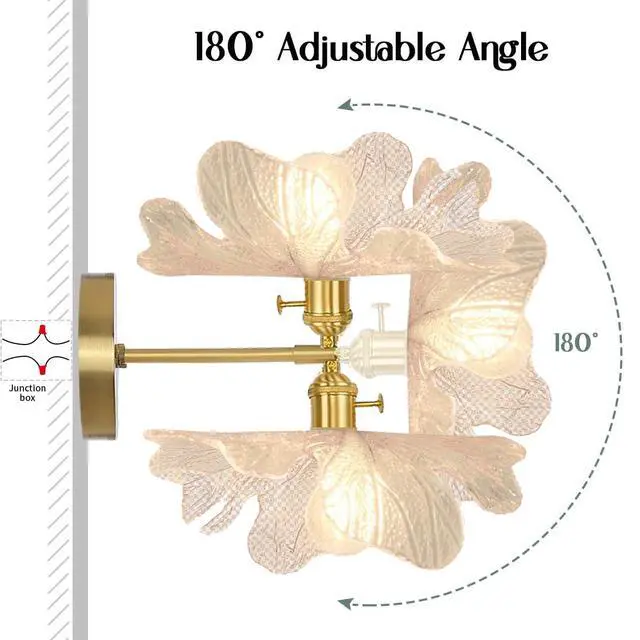 Alt view image 4 of 7 - Brass Vanity Light Brushed Gold Bathroom Light Fixtures - Clear Flower Glass Shade, Modern Hardwired Wall Sconce Retro Vanity Lighting for Over Mirror Bedroom Doorway Foyer Hallway